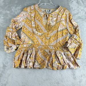 JAASE Top Womens‎ Yellow White Floral Tasseled Ruffled Hem Bell Sleeve Boho Hipp